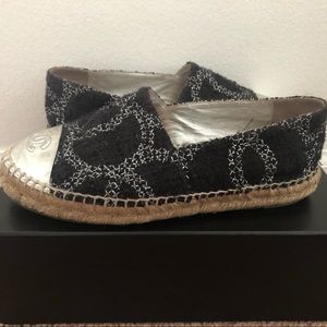 CHANEL Black Silver Tweed Espadrilles 37